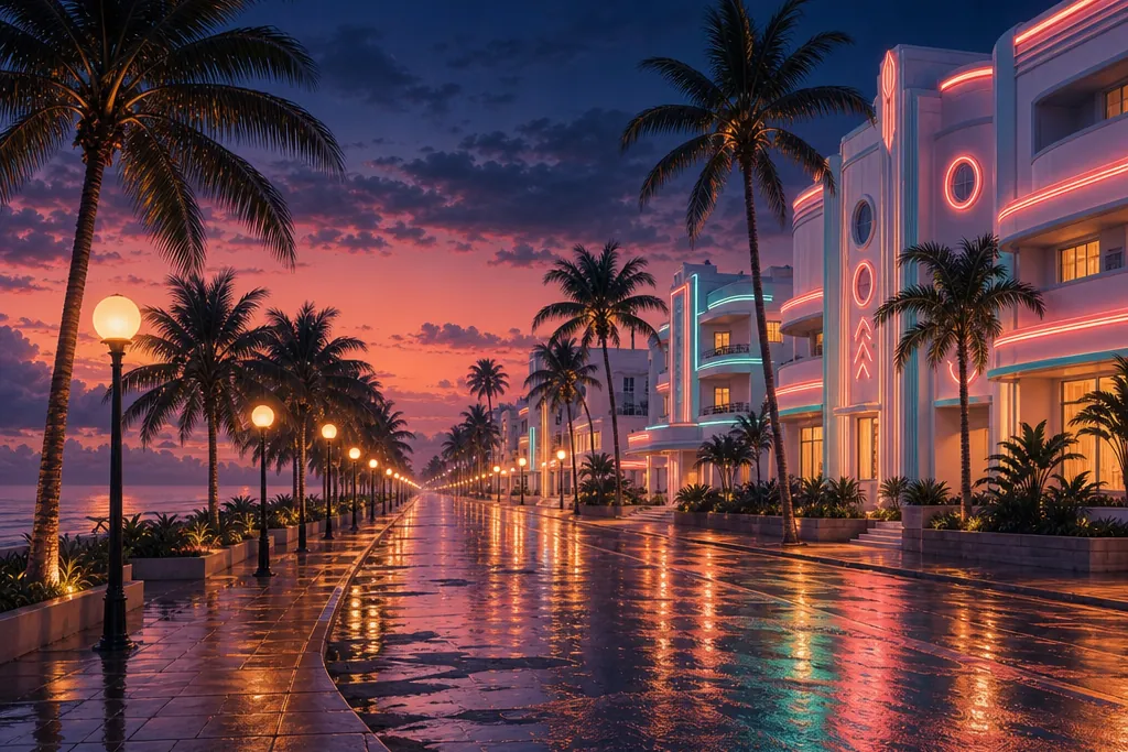 Freie Illustration: Art-déco-Boulevard nach dem Regen