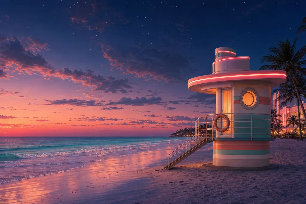 Freie Illustration: Art-déco-Rettungsschwimmerturm an einem Strand im Abendlicht