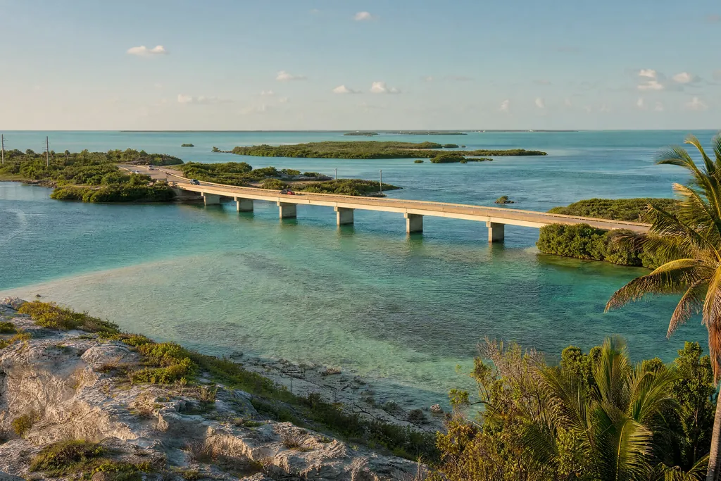 Freie Illustration: Brücke über türkisfarbenes Wasser zwischen flachen Inseln