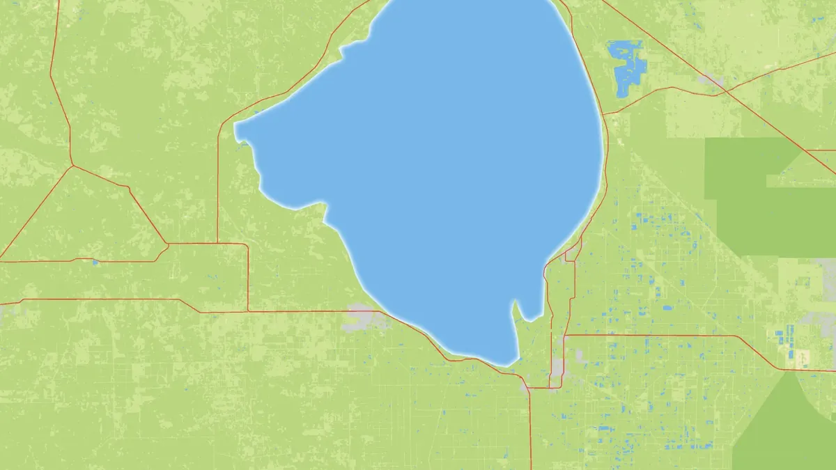Vorschau-Karte im Atlas-Stil: der Lake Okeechobee mit Straßen, kleinen Städten und Feldern rundherum