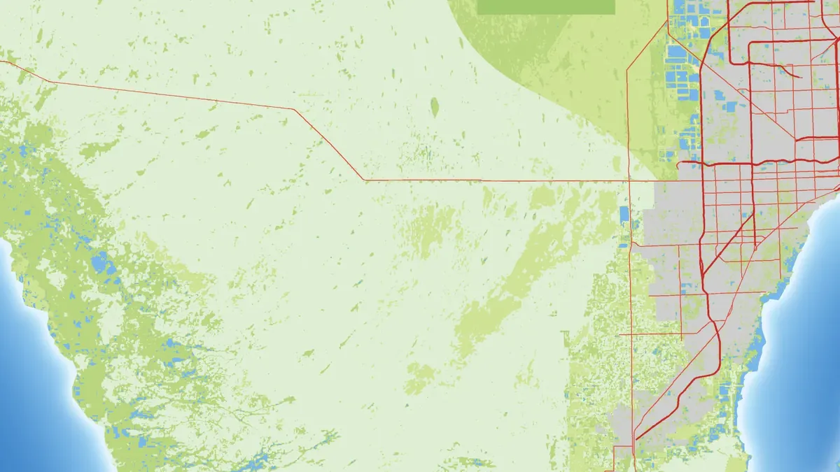 Vorschau-Karte im Atlas-Stil: die weiten Feuchtgebiete der realen Everglades, eine Straße quer hindurch, rechts der Stadtrand von Miami