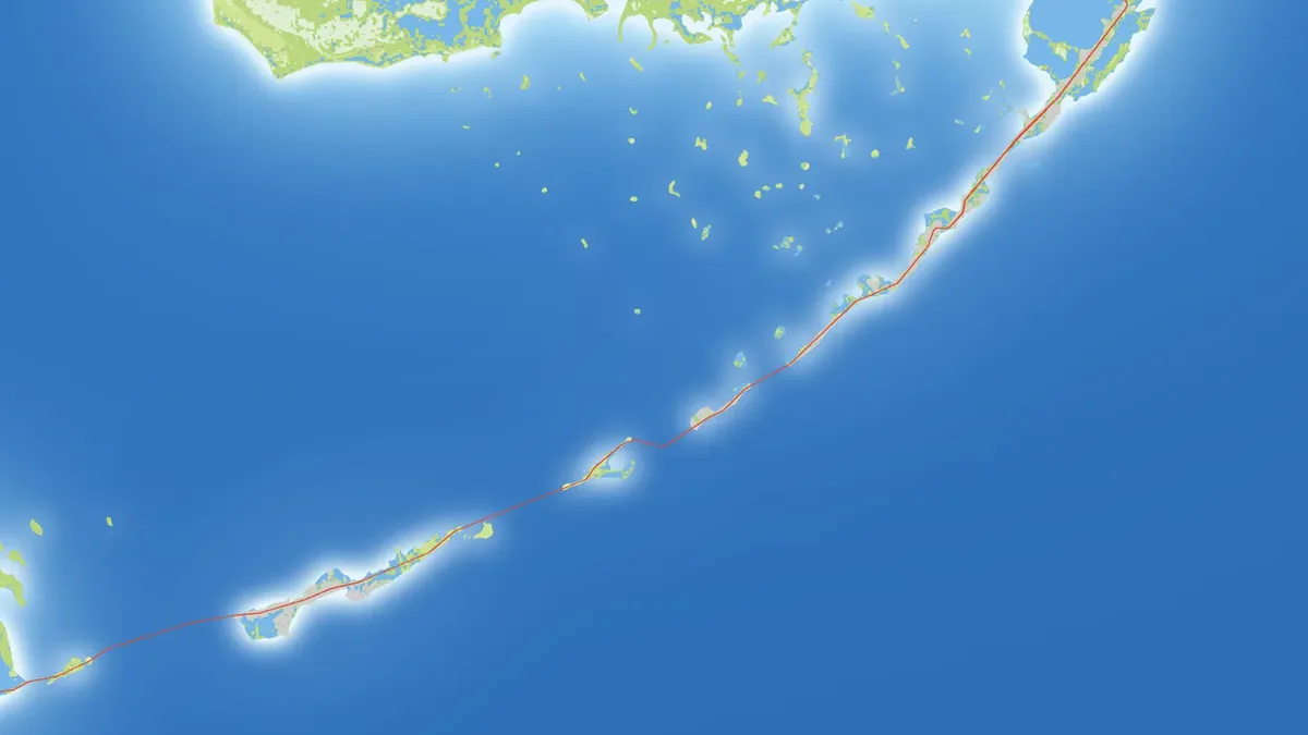 Vorschau-Karte im Atlas-Stil: die Inselkette der realen Florida Keys von der Seven Mile Bridge bis Key Largo, verbunden durch den Overseas Highway