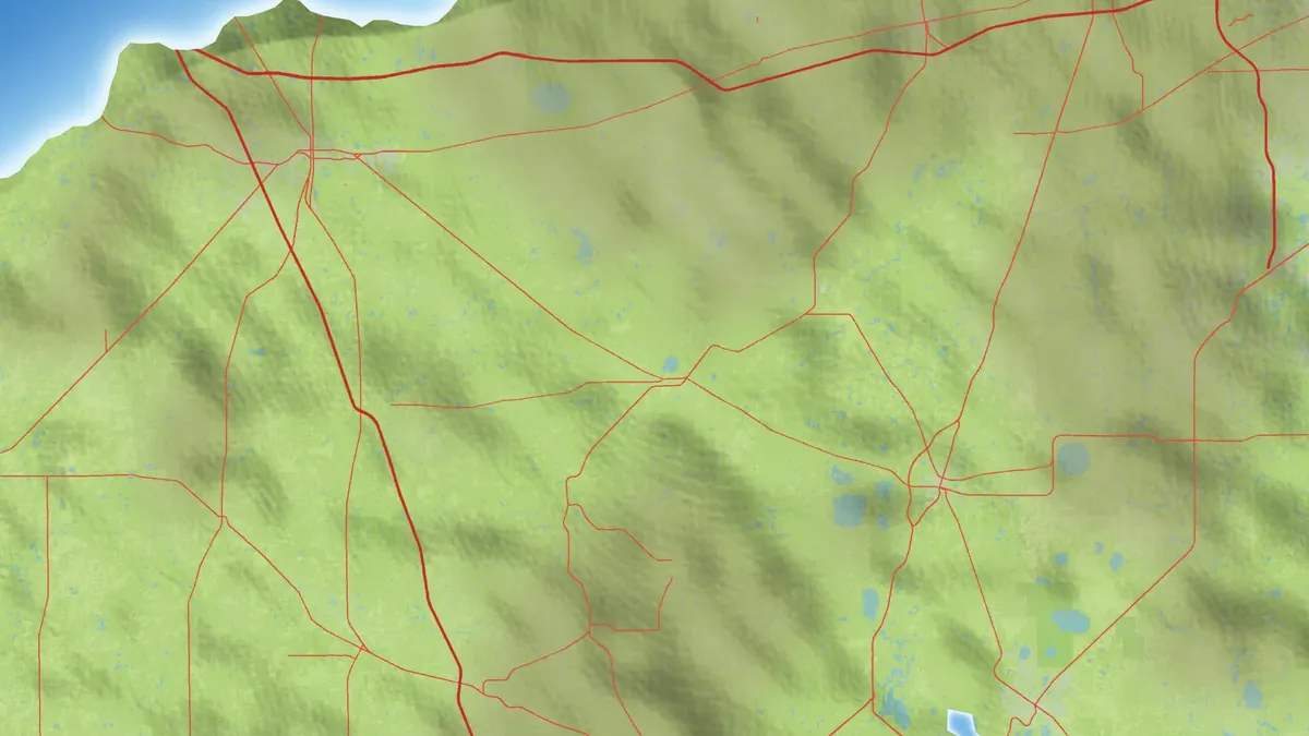 Vorschau-Karte im Atlas-Stil: hügeliges, bewaldetes Land mit Landstraßen im Norden der Karte, oben links die Küste
