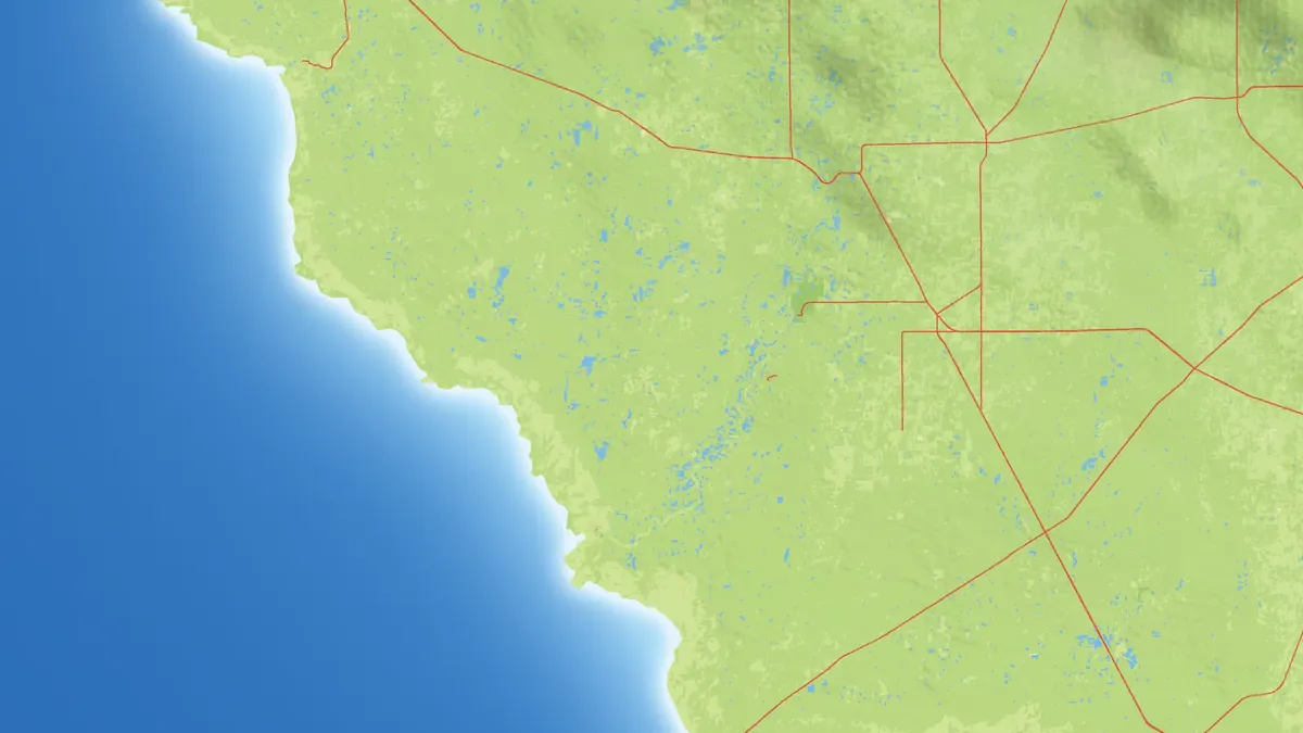 Vorschau-Karte im Atlas-Stil: die Golfküste im Nordwesten der Karte mit Landstraßen, Seen und Hügeln im Hinterland