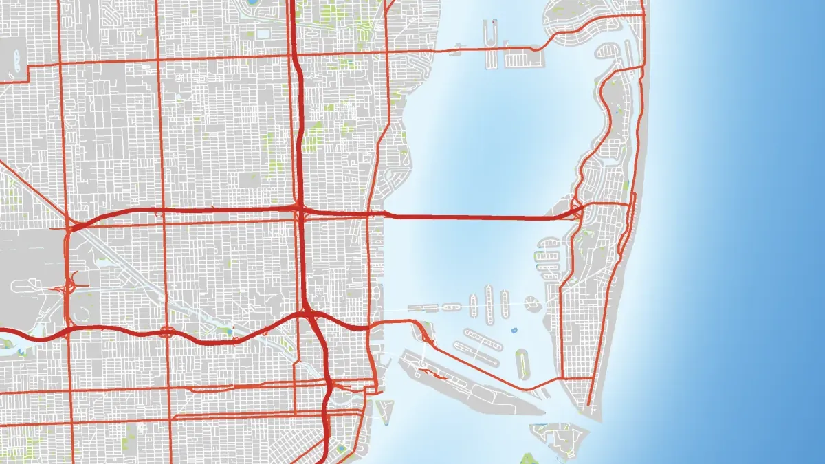 Vorschau-Karte im Atlas-Stil mit dem Straßennetz des realen Miami: Downtown, Hafen, Biscayne Bay und Miami Beach